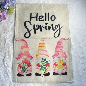 NIP Hello Spring Burlap Double Sided Garden Flag 
1pc, 12” x 18” Gnome Hello